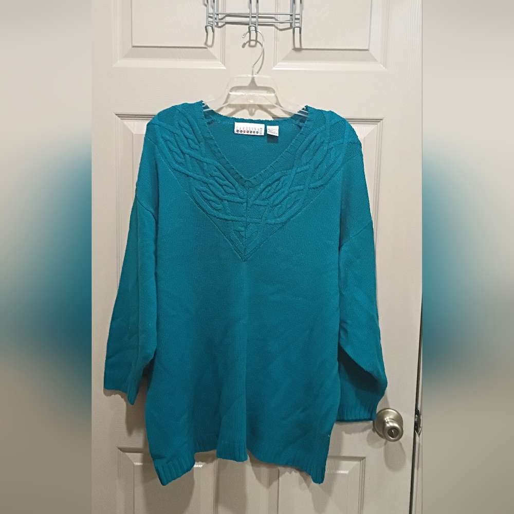 Vintage Carolina Colours Plus Size women's teal knit sweater V-neck line 22W